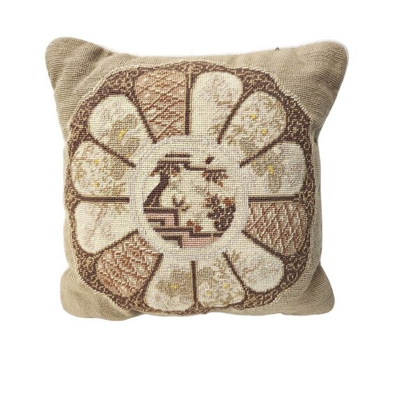 Vintage 90s Loie 13"x13" 100% Wool Needlepoint Pillow Garden Flower Birds - Picture 3 of 12